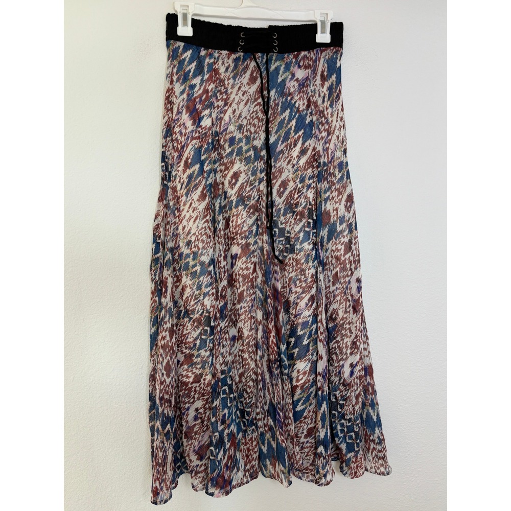 Lapis Womens Abstract Ikat Print Maxi Skirt Lace Up Smocked Waist Blue Red M